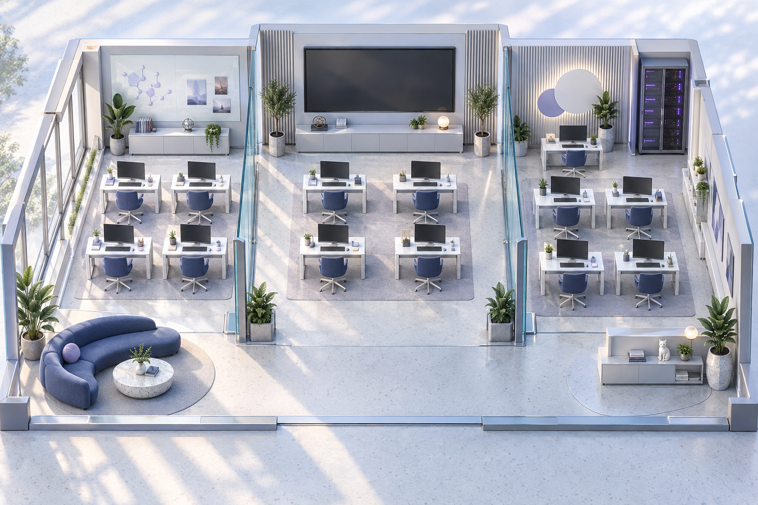 Porcelain Studio: Quiet by design. A miniature workplace with thirteen desks in three rooms.